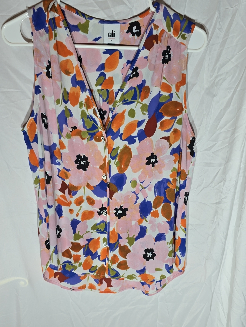 CAbi Pink Floral Sleeveless Button-Front Camisole with Blue & Orange Accents